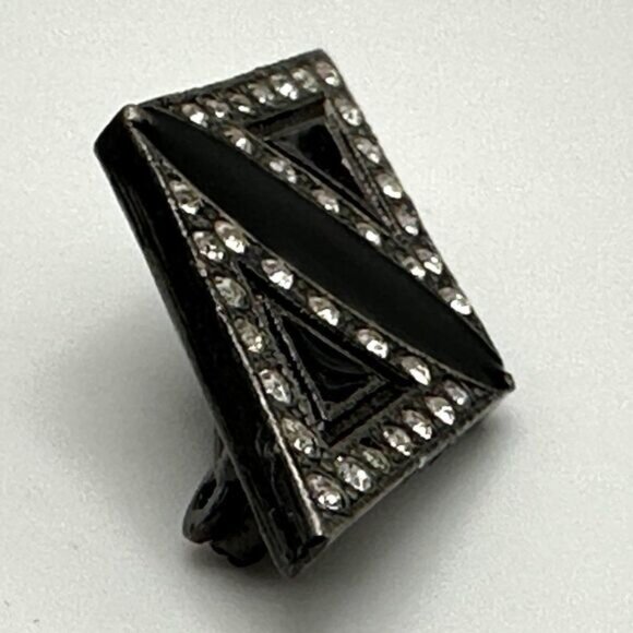 Vintage Art Deco Style Brooch Black Enamel Rhinestone Diamond Shaped - Picture 2 of 3